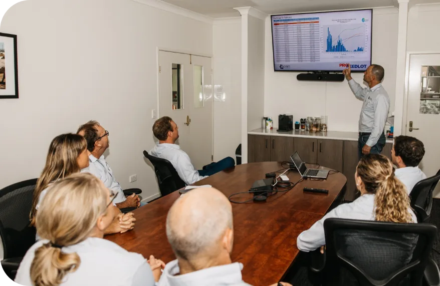 ProFeedlot staff seated around a boardroom table, watching a colleague present feedlot health performance data on a wall-mounted screen.